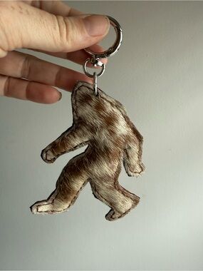 Handmade Bigfoot Leather Bag Charm Keychain Cowhide Hair-On Sasquatch